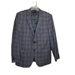 Daniel Hechter Paris Mens 42L Blue Grey Plaid Wool Blend Blazer Sport Coat